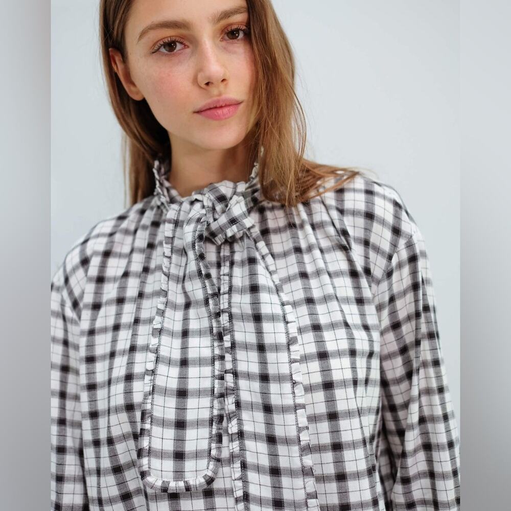 NWOT MUNTHE Tie-neck Ruffled Checked Cotton Dress - Picture 6 of 12